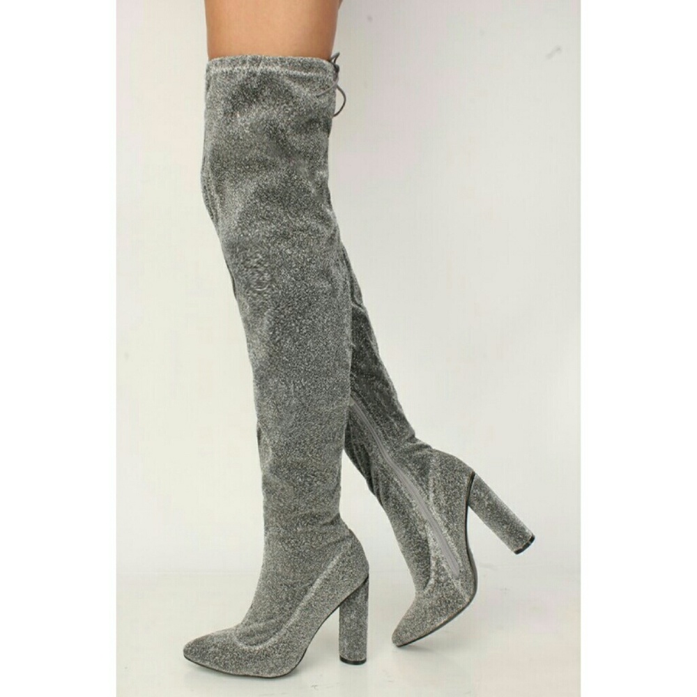 Shimmery Silver Glitter Thigh High Boots